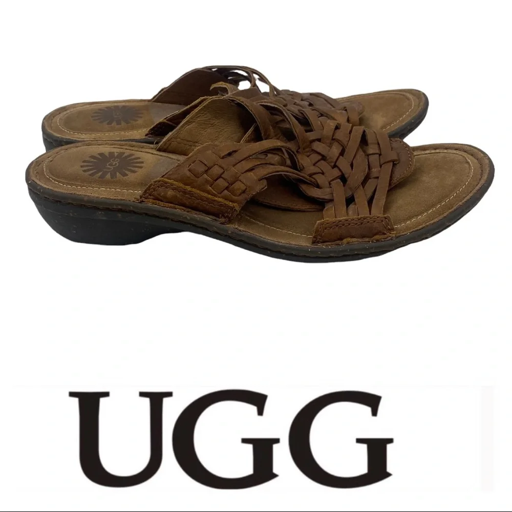 💕SALE💕 UGG Brown Leather Hurricane Sandals - Picture 1 of 9